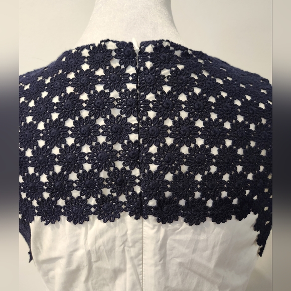White 100% Cotton Dress with Blue Floral Crochet at Neckline and Hemline - Picture 6 of 13